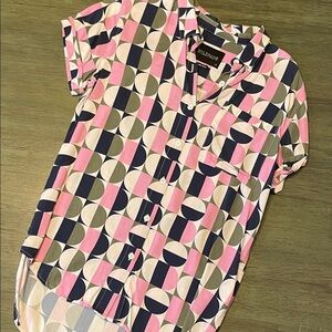 Wildfang Pink and Navy Geometric Collared Short Sleeve Button-Up